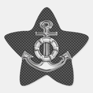 Silver Lifesaver Anchor on Black Carbon Fiber Star Sticker