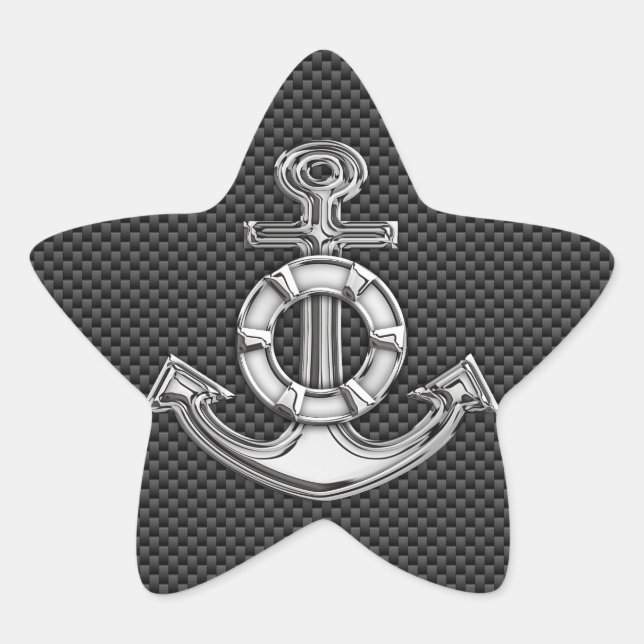 Silver Lifesaver Anchor on Black Carbon Fiber Star Sticker (Front)