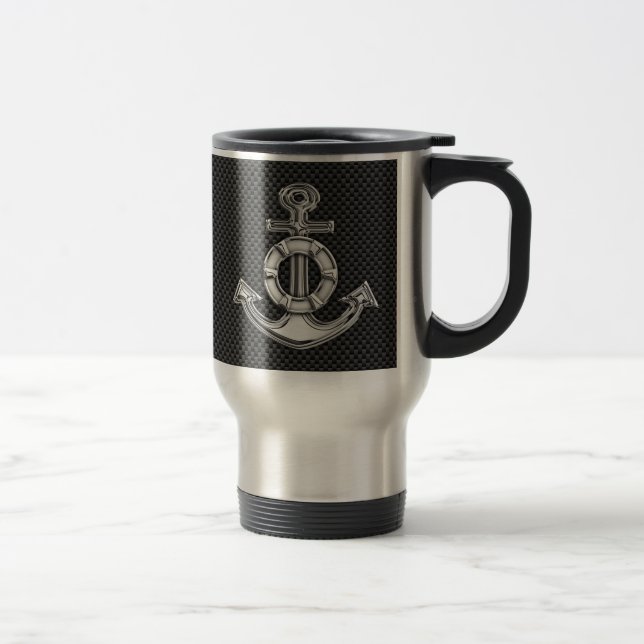 Silver Lifesaver Anchor on Black Carbon Fiber Travel Mug (Right)