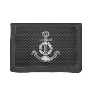 Silver Lifesaver Anchor on Black Carbon Fiber Trifold Wallet