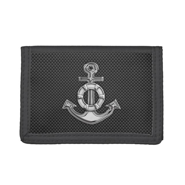 Silver Lifesaver Anchor on Black Carbon Fiber Trifold Wallet (Front)