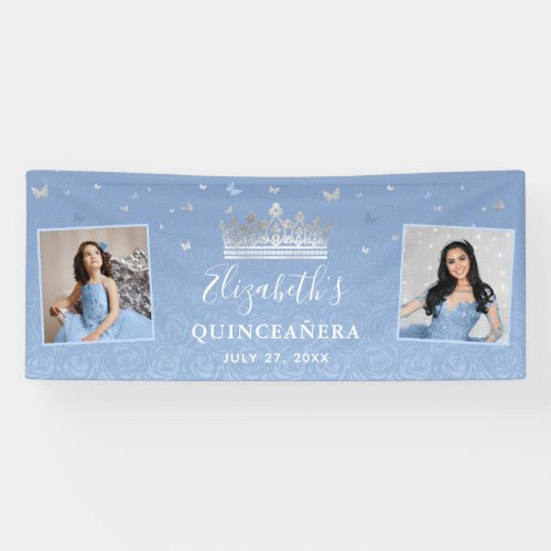 Silver Light Baby Blue Photo Birthday Quinceanera Banner