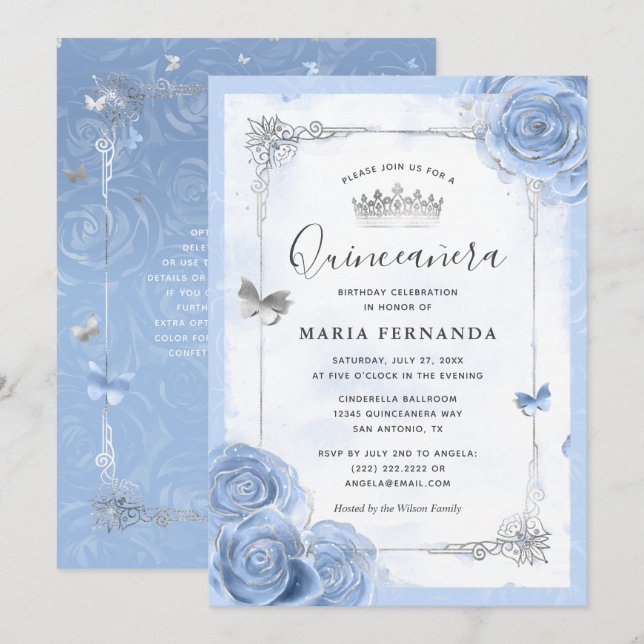 Silver Light Baby Blue Roses Elegant Quinceanera Invitation (Front/Back)
