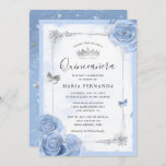 Silver Light Baby Blue Roses Elegant Quinceanera Invitation<br><div class="desc">Elegant light baby blue and silver quinceanera invitations that can be easily personalized for a sweet 15/15 birthday party! The pastel blue luxurious design features silver butterfly confetti along with light blue watercolor roses painted by Raphaela Wilson. On on both sides of the card, a fancy scrolled gown/dresses border accents...</div>