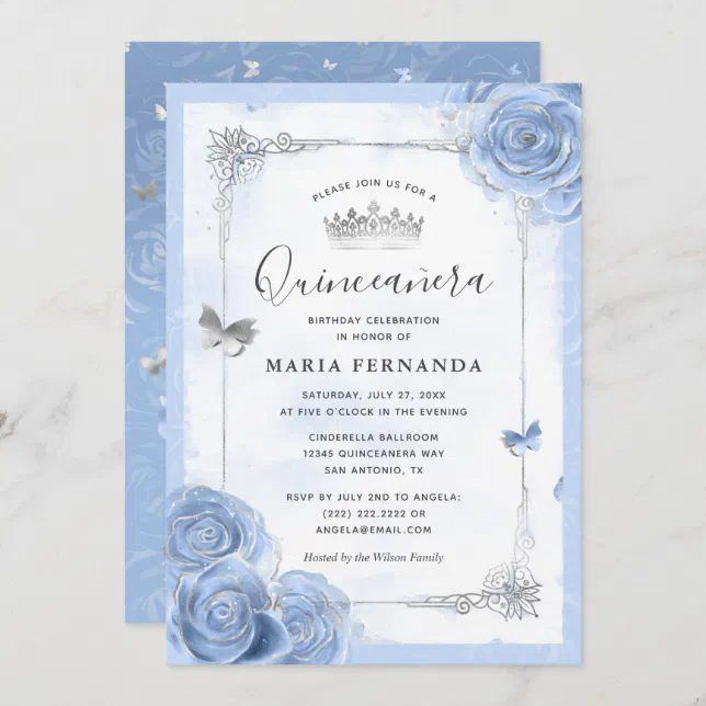 Silver Light Baby Blue Roses Elegant Quinceanera Invitation | Zazzle