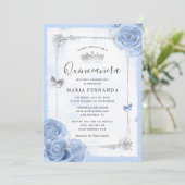 Silver Light Baby Blue Roses Elegant Quinceanera Invitation (Standing Front)