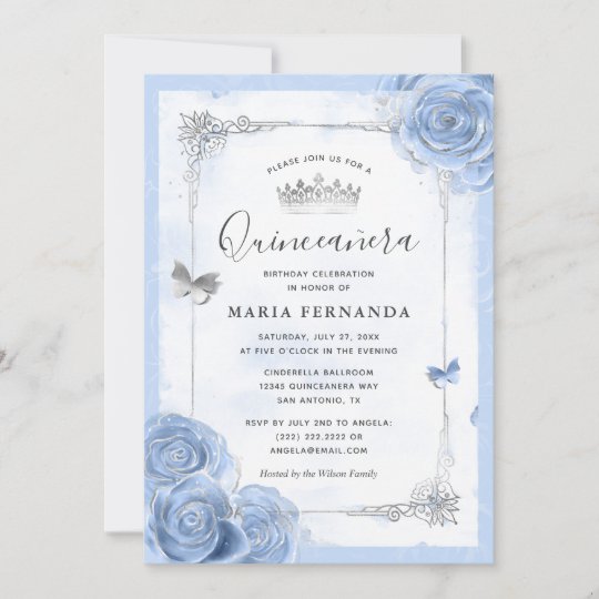 Silver Light Baby Blue Roses Elegant Quinceanera Invitation