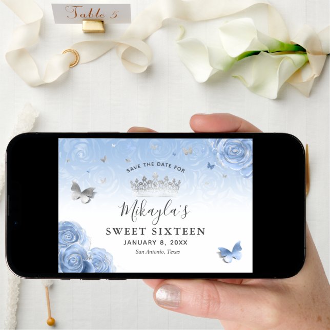 Silver Light Baby Blue Roses Elegant Save The Date (Front Digital)