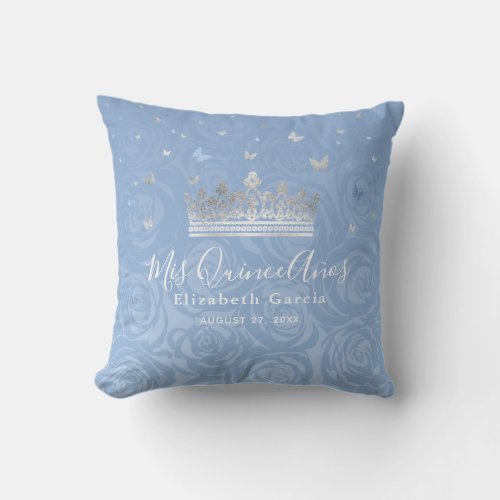 Silver Light Baby Blue Roses Mis Quince Anos Throw Pillow