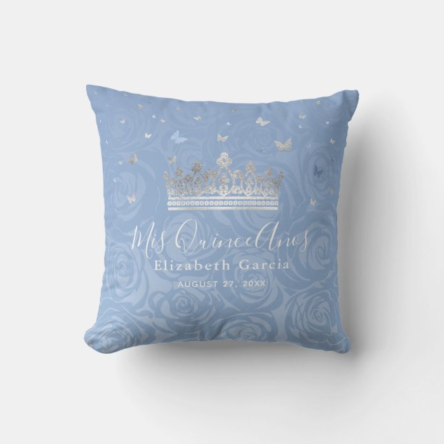 Silver Light Baby Blue Roses Mis Quince Anos Throw Pillow (Front)