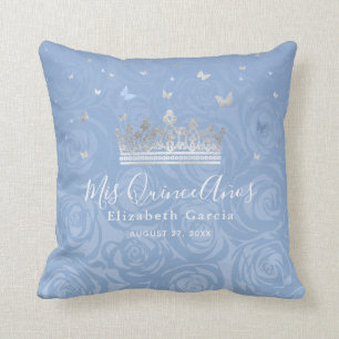 Silver Light Baby Blue Roses Mis Quince Anos Throw Pillow