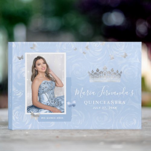 Silver Light Baby Blue Roses Photo Quinceanera Guest Book