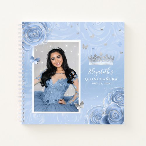 Silver Light Baby Blue Roses Quinceanera Guest Notebook