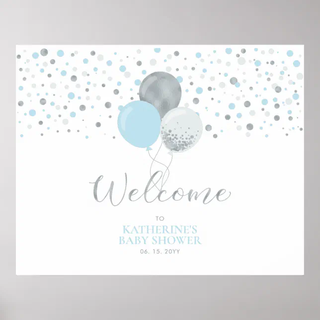 Silver & Light Blue Balloons | Baby Shower Welcome Poster | Zazzle