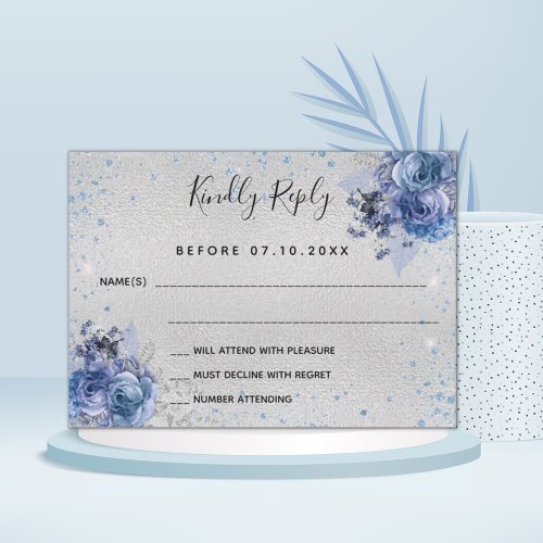 Silver light blue glitter floral wedding RSVP Note Card