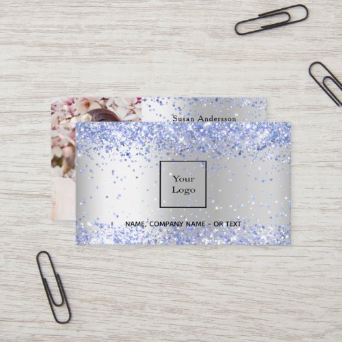 Silver light blue glitter photo QR code Business Card