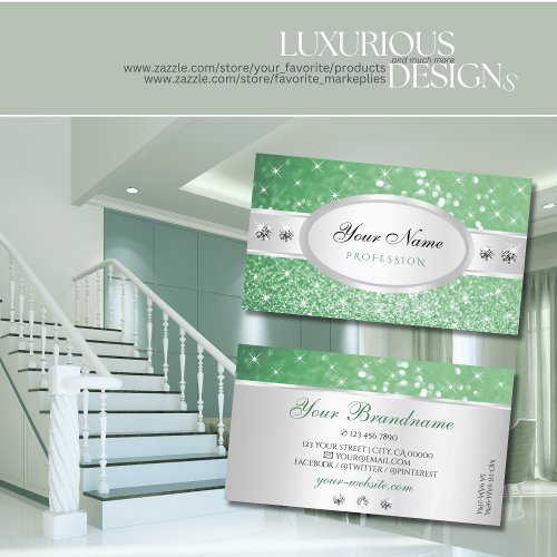 Silver Light Emerald Green Glitter Jewels Designer Business Card