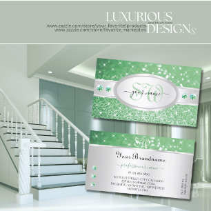 Silver Light Emerald Green Glitter Jewels Monogram Business Card
