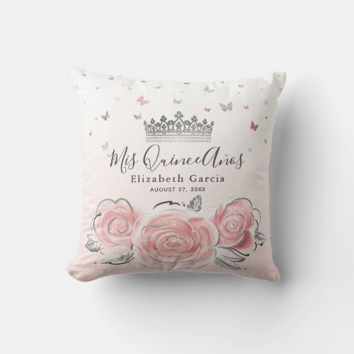 Silver Light Pink Rose Quinceanera Mis Quince Anos Throw Pillow