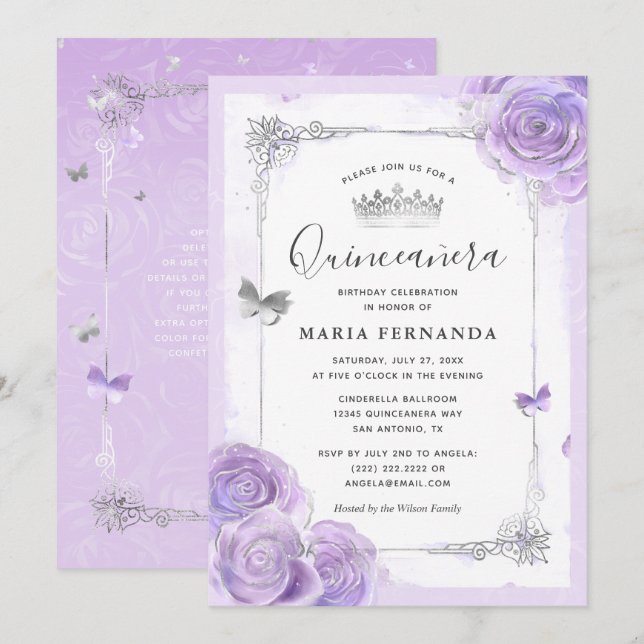 Silver Light Purple Roses Elegant Quinceanera Invitation (Front/Back)