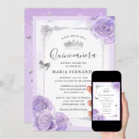 Light Purple Floral Roses & Silver Crown Quinceanera 5X7 Cardstock  Invitation