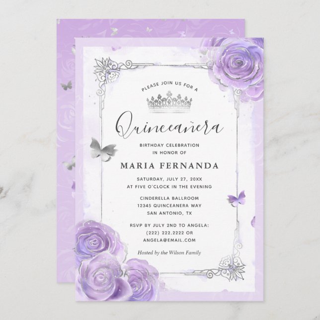 Silver Light Purple Roses Elegant Quinceanera Invitation (Front/Back)