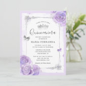 Silver Light Purple Roses Elegant Quinceanera Invitation (Standing Front)