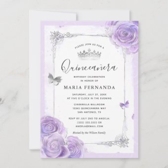 Silver Light Purple Roses Elegant Quinceanera Invitation | Zazzle