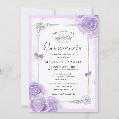 Silver Light Purple Roses Elegant Quinceanera Invitation