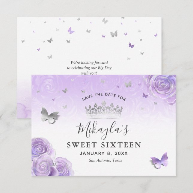 Silver Light Purple Roses Elegant Save The Date (Front/Back)