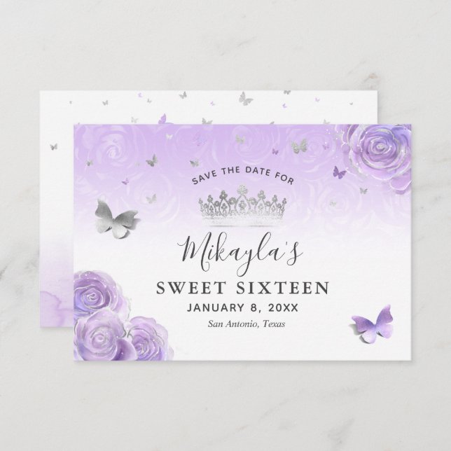 Silver Light Purple Roses Elegant Save The Date (Front/Back)