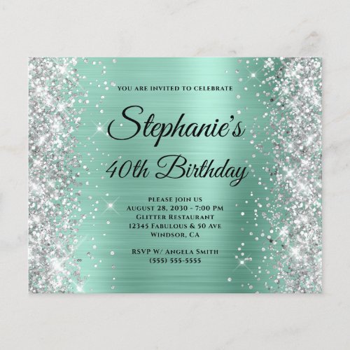 Silver Light Teal Glam Monogram 40th Birthday Flyer