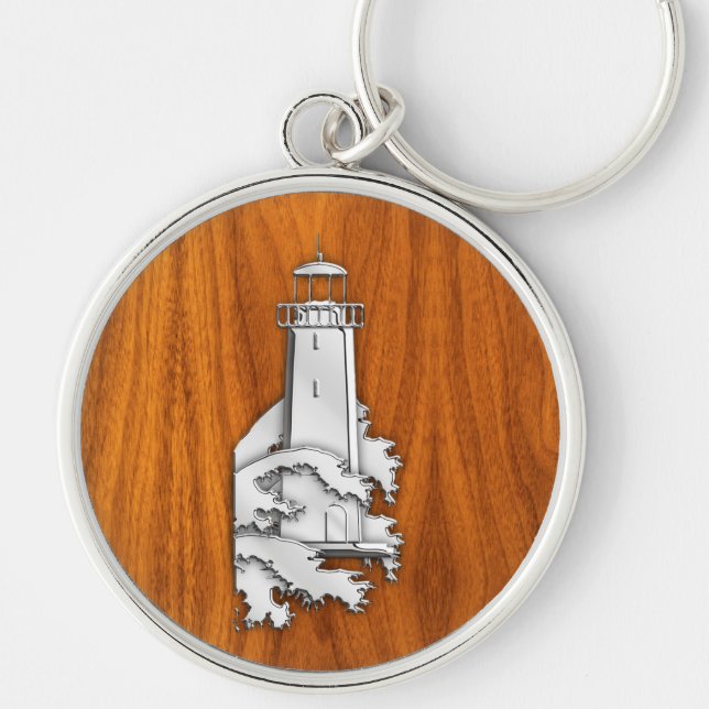 Silver Lighthouse on Teak Wood Style Keychain (Front)