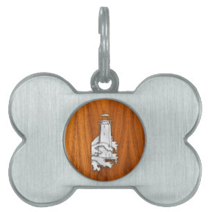 Silver Lighthouse on Teak Wood Style Pet Name Tag