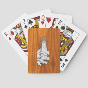 Silver Lighthouse on Teak Wood Style Poker Cards