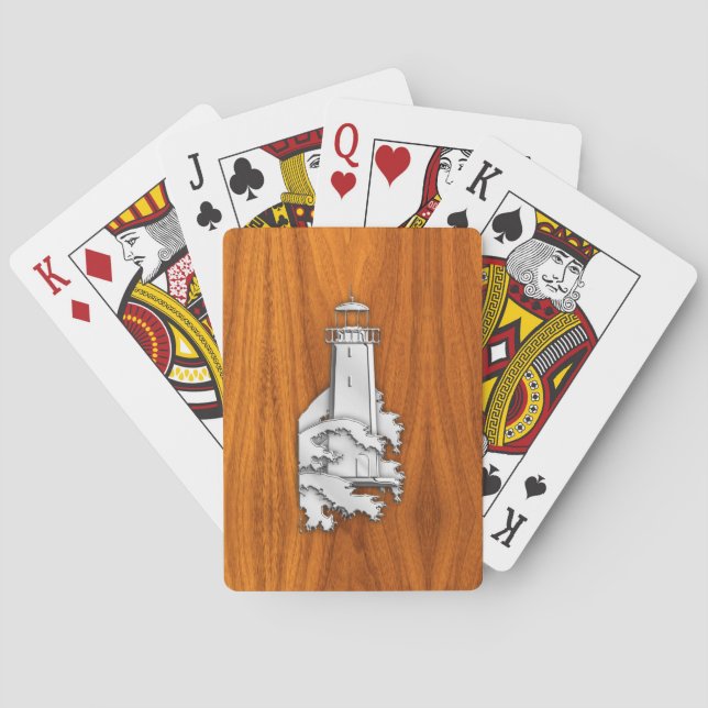 Silver Lighthouse on Teak Wood Style Poker Cards (Back)