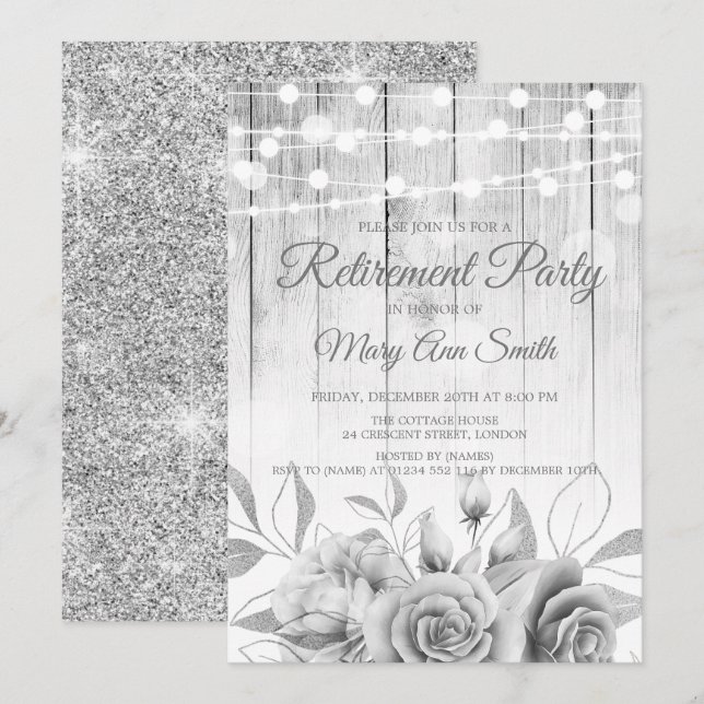Silver Lights & Flowers Rustic Retirement Party Invitation (Front/Back)