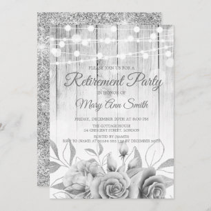 Silver Lights & Flowers Rustic Retirement Party Invitation