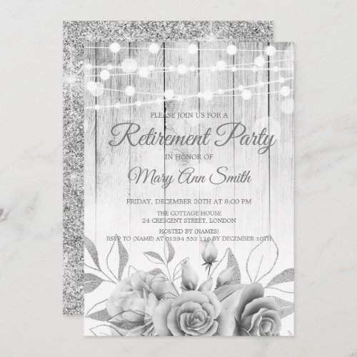 Silver Lights  Flowers Rustic Retirement Party Invitation