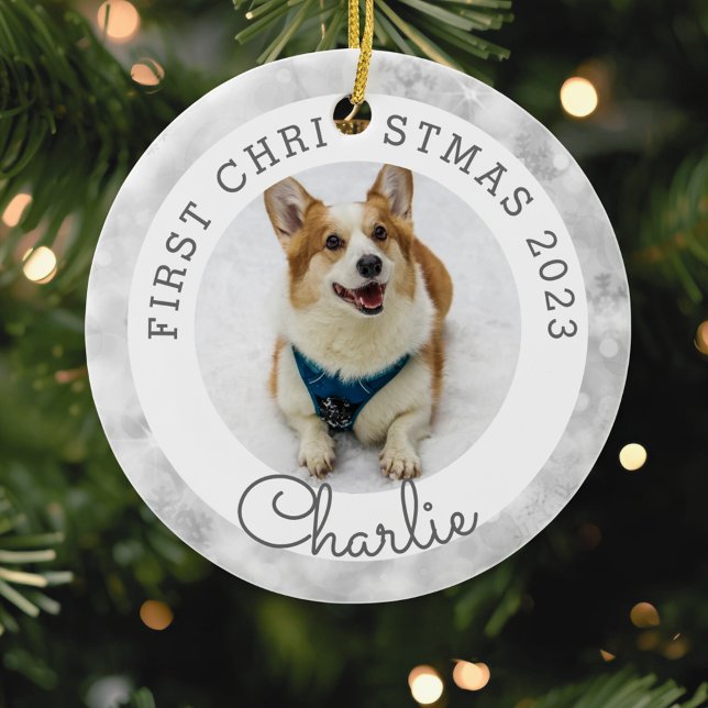 Silver Lights Pet's First Christmas Photo Ceramic Ornament (Creator Uploaded)