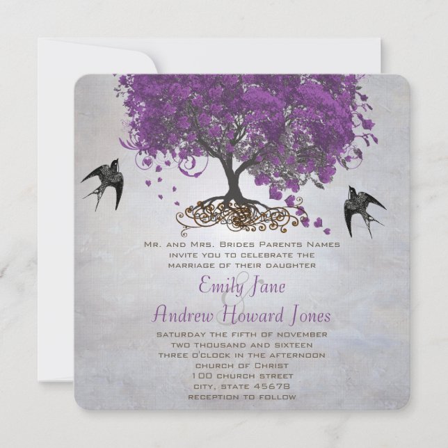 Silver Lights Purple Heart Leaf Tree Wedding Invitation (Front)
