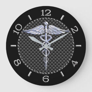 Silver Like Caduceus Medical Symbol Black Dial Large Clock
