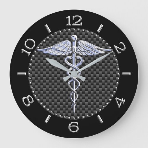 Silver Like Caduceus Medical Symbol Black Dial Large Clock