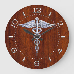Silver Like Caduceus Medical Symbol Mahogany Dial Large Clock
