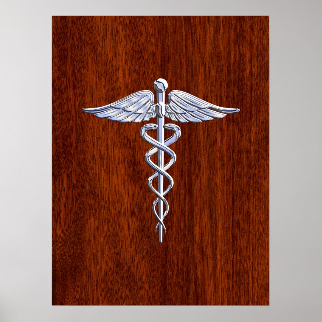 Silver Like Caduceus Medical Symbol Mahogany Print (Front)