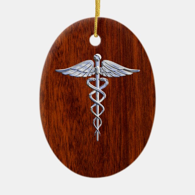 Silver Like Caduceus Medical Symbol Mahogany Print Ceramic Ornament (Front)