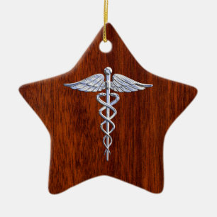 Silver Like Caduceus Medical Symbol Mahogany Print Ceramic Ornament