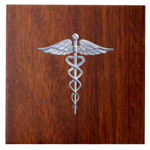 Silver Like Caduceus Medical Symbol Mahogany Print Ceramic Tile