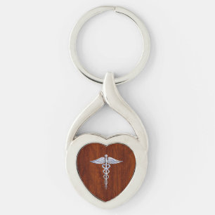 Silver Like Caduceus Medical Symbol Mahogany Print Keychain