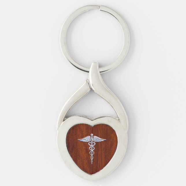 Silver Like Caduceus Medical Symbol Mahogany Print Keychain (Front)